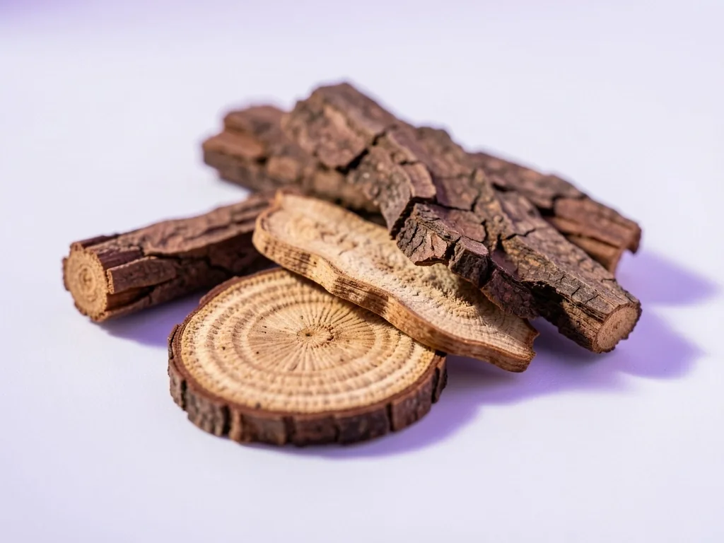 Foto makro potongan ekstrak akar herbal kering pada permukaan putih