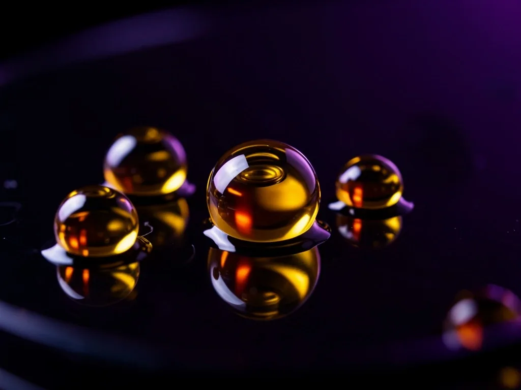 Tetesan minyak omega-3 pada permukaan gelap