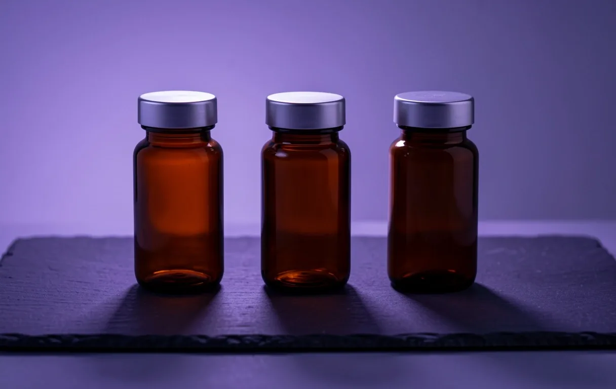 Beberapa botol suplemen tersusun rapi di permukaan gelap