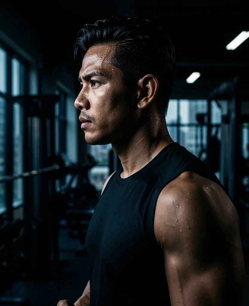 Potret pria Indonesia di gym perkotaan dengan pencahayaan kontras tinggi